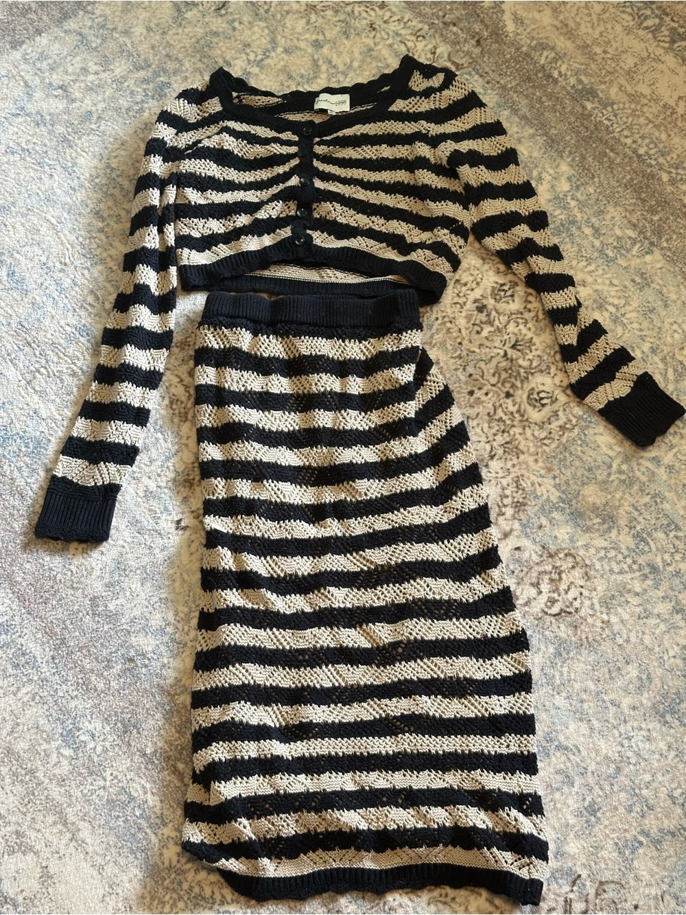 Black and Cream Striped Knit Sweater and Skirt Set Cottage